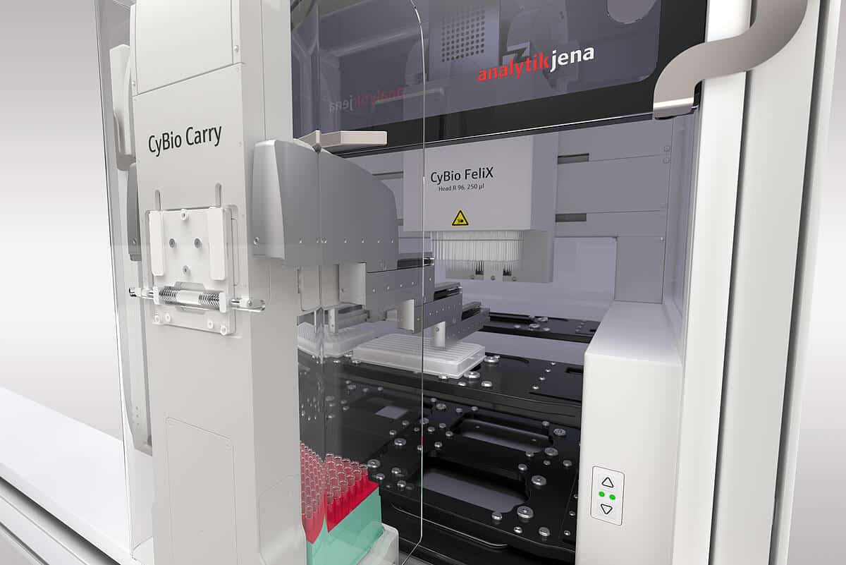 analytikjena_cybio_carry_with_cybio_felix The CyBio Carry automation cobot. (Credit: Analytik Jena)